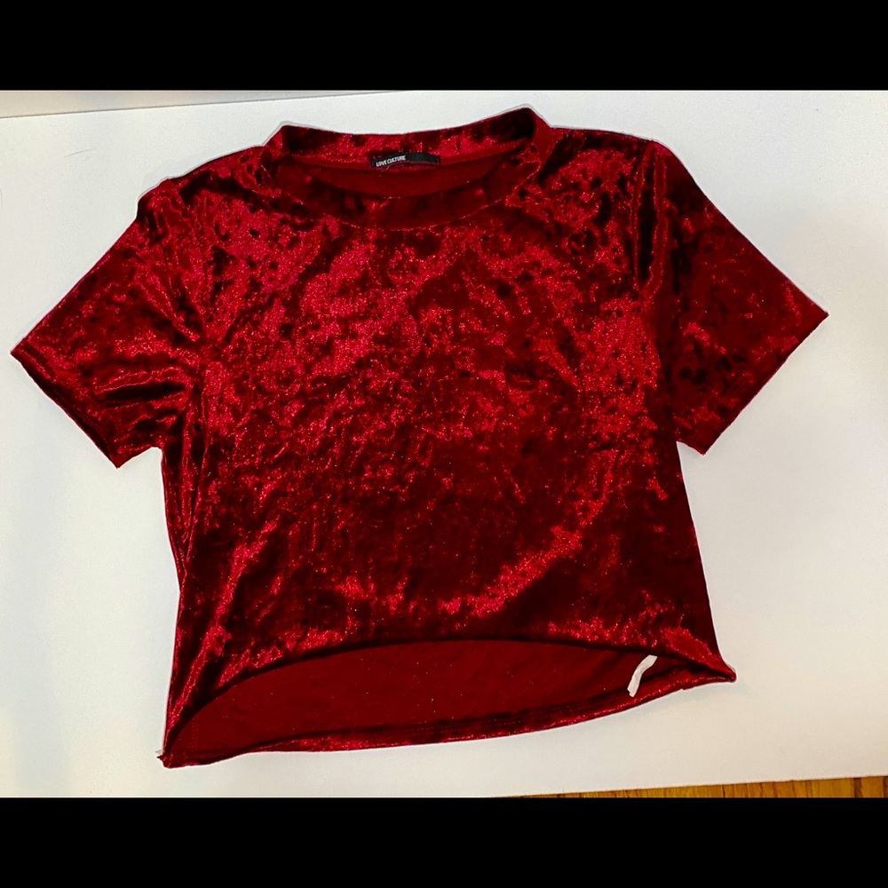 Short Sleeve Crushed Red Velvet Crop Top